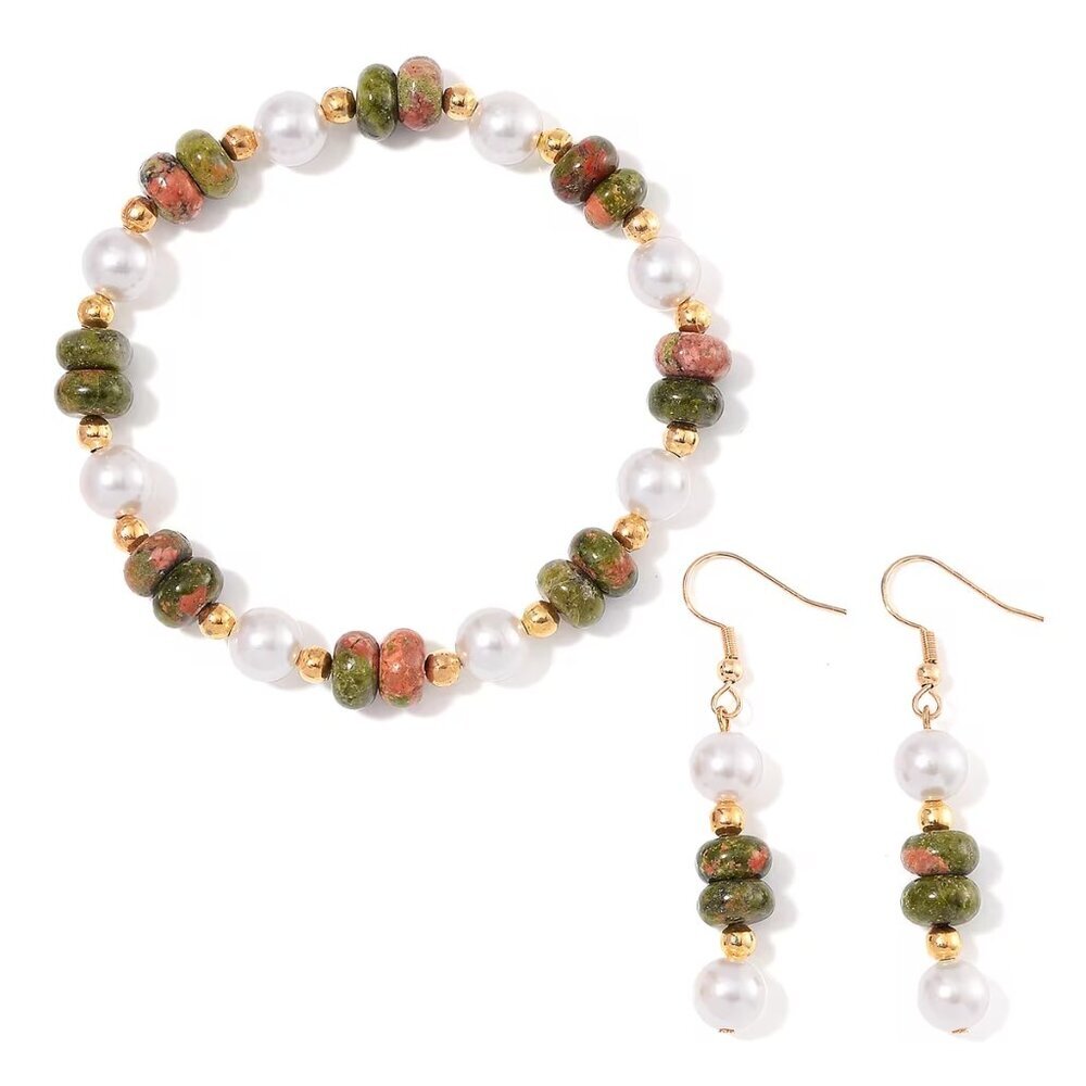A Unakite and White Shell Pearl Bracelet and Earrings in Goldtone